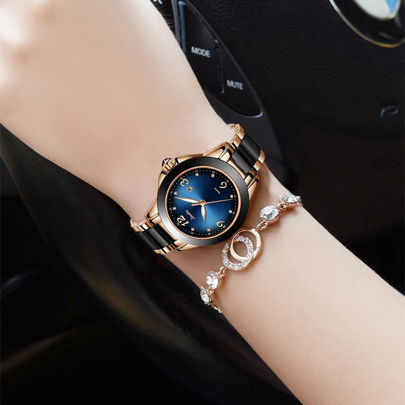 Watches Ladies Top Brand Luxury Ceramic Rhinestone Quartz  Waterproof