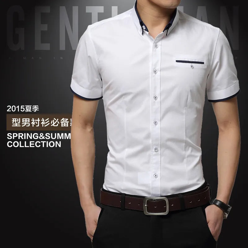 Brand Men's Summer Business Shirt Short Sleeves Turn-Down Collar Tuxedo