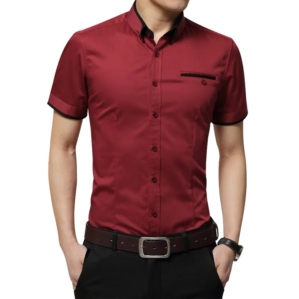 Brand Men's Summer Business Shirt Short Sleeves Turn-Down Collar Tuxedo