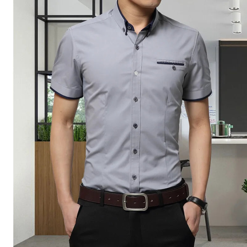 Brand Men's Summer Business Shirt Short Sleeves Turn-Down Collar Tuxedo