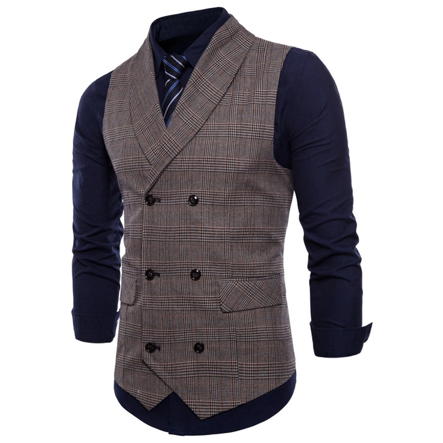 new  men's  designed plaid vest leisure business plus size double breasted slim vest men