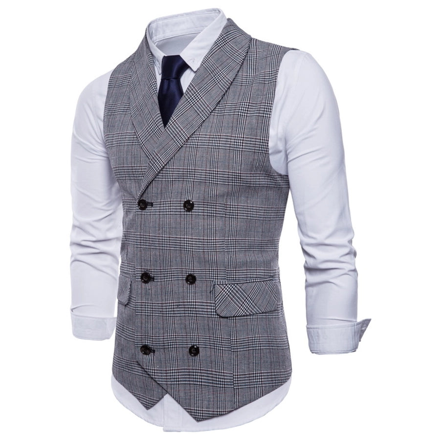 new  men's  designed plaid vest leisure business plus size double breasted slim vest men