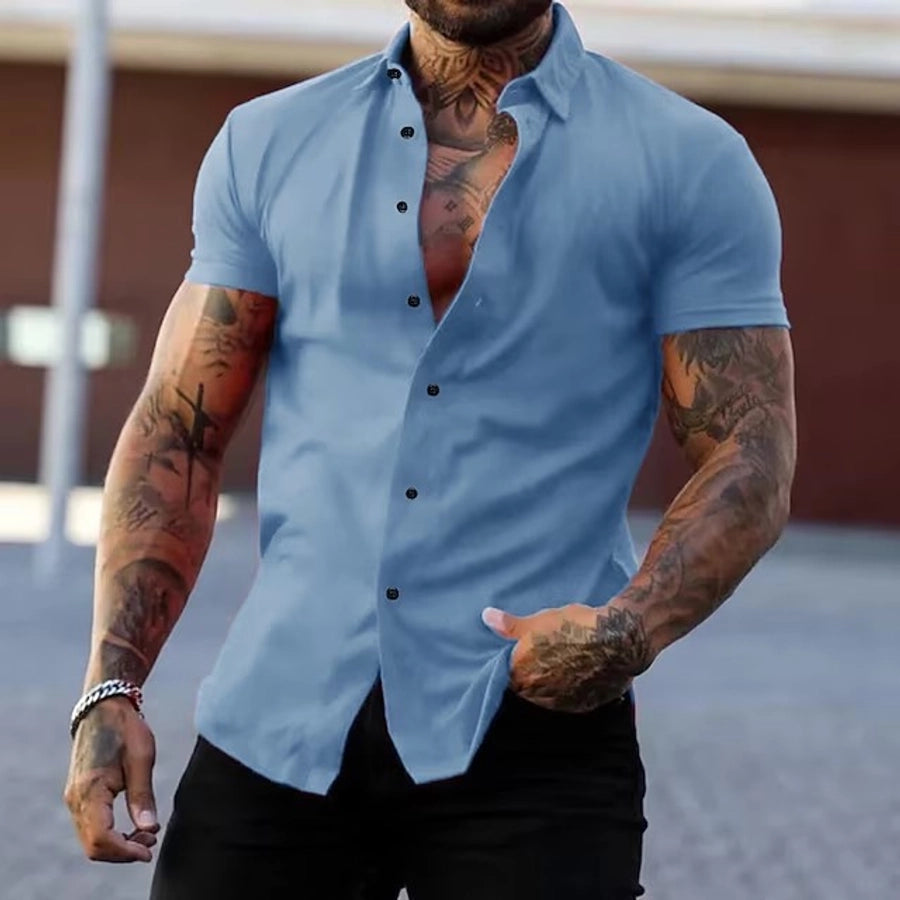 Men's Solid Color Casual Shirt Collar Short Sleeve Regular Fit Men's Tops