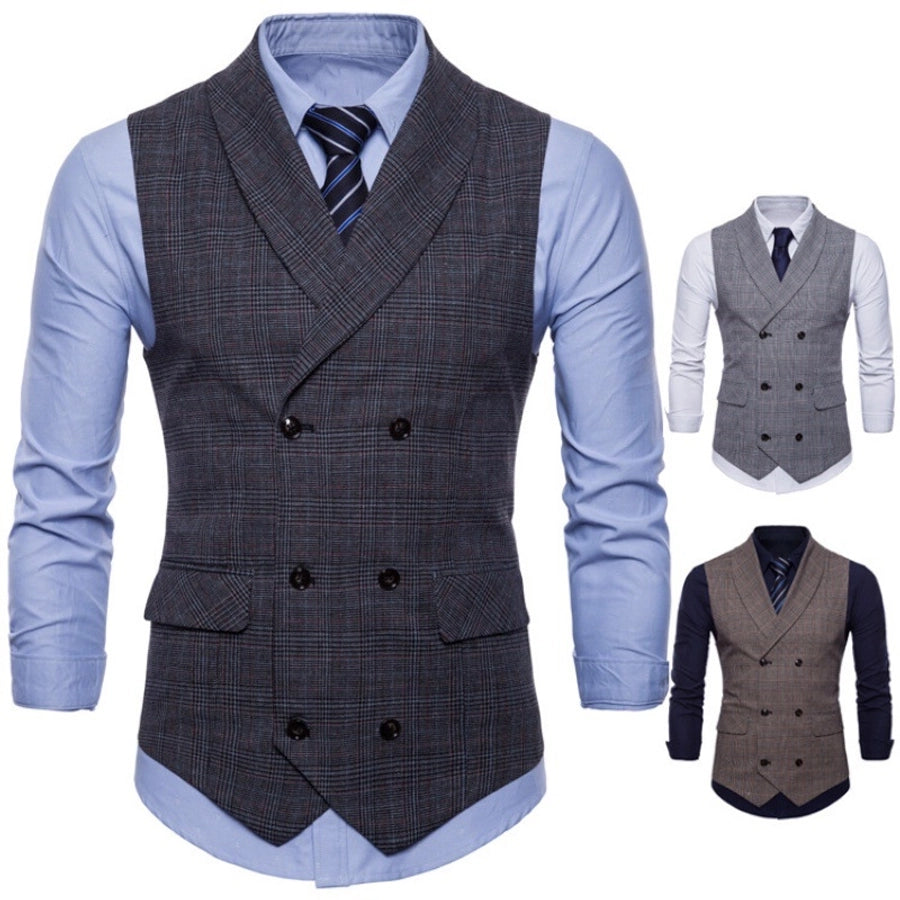 new  men's  designed plaid vest leisure business plus size double breasted slim vest men